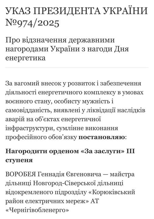Енергетика з Новгорода‑Сіверського відзначено орденом «За заслуги»